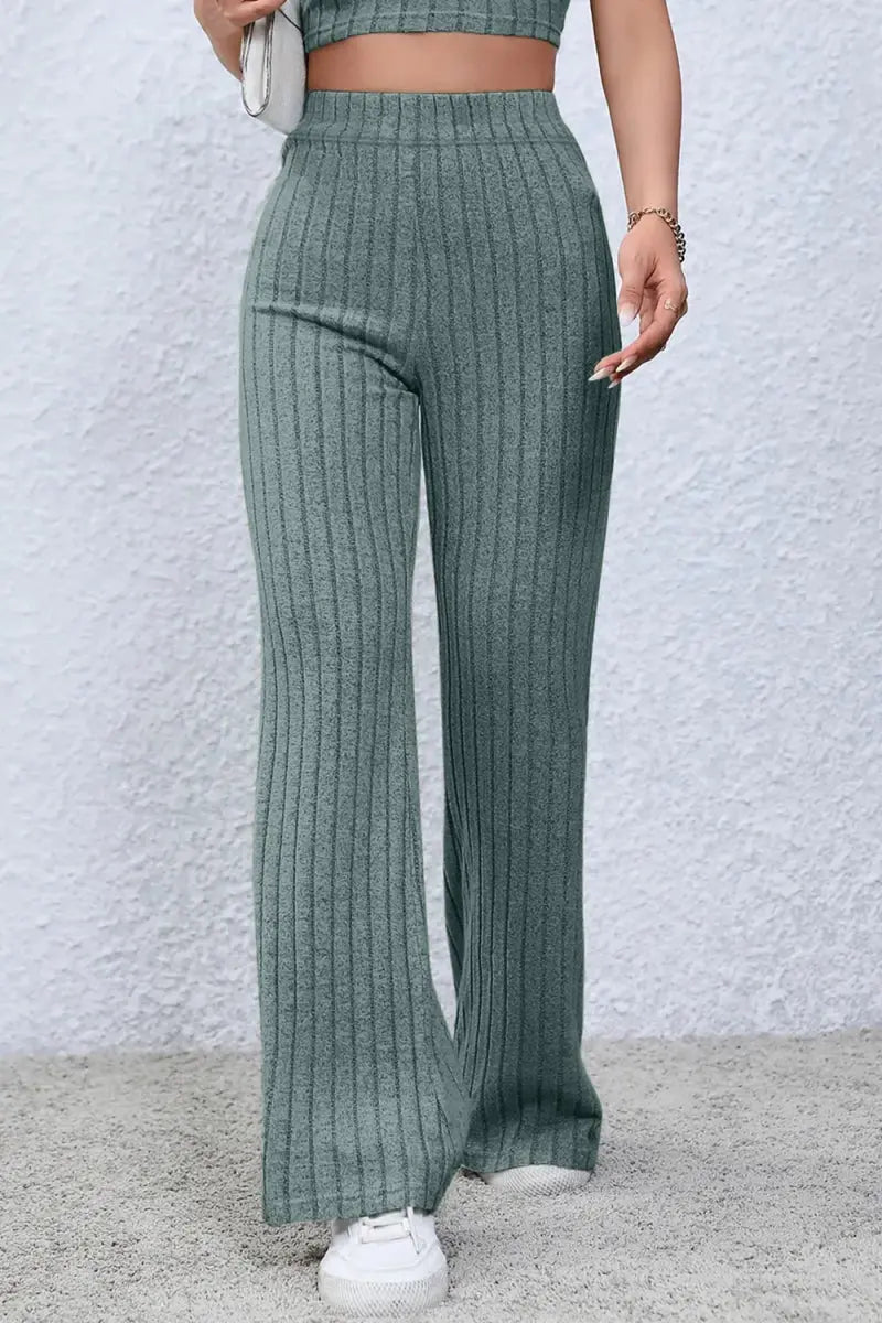 Basic Bae Full Size Ribbed High Waist Flare Pants for Women - Love Salve